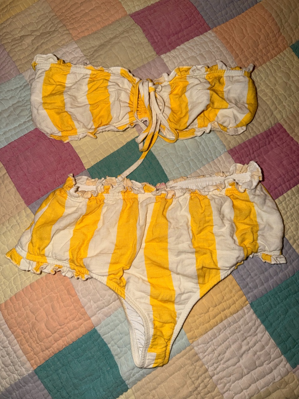 Free people Yellow and White Striped Ruffle Bikini Set